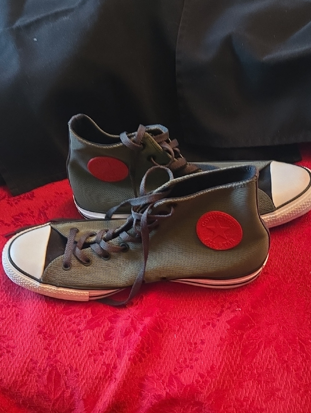 Converse Gray High-Top Sneakers with White Soles and Red Converse Accent